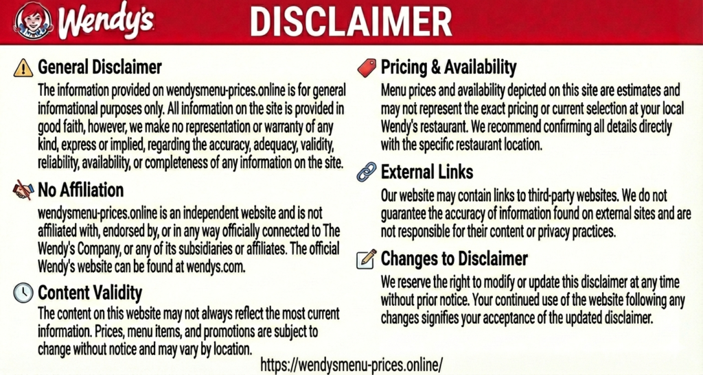 Wendys Menu Price Online Disclaimer