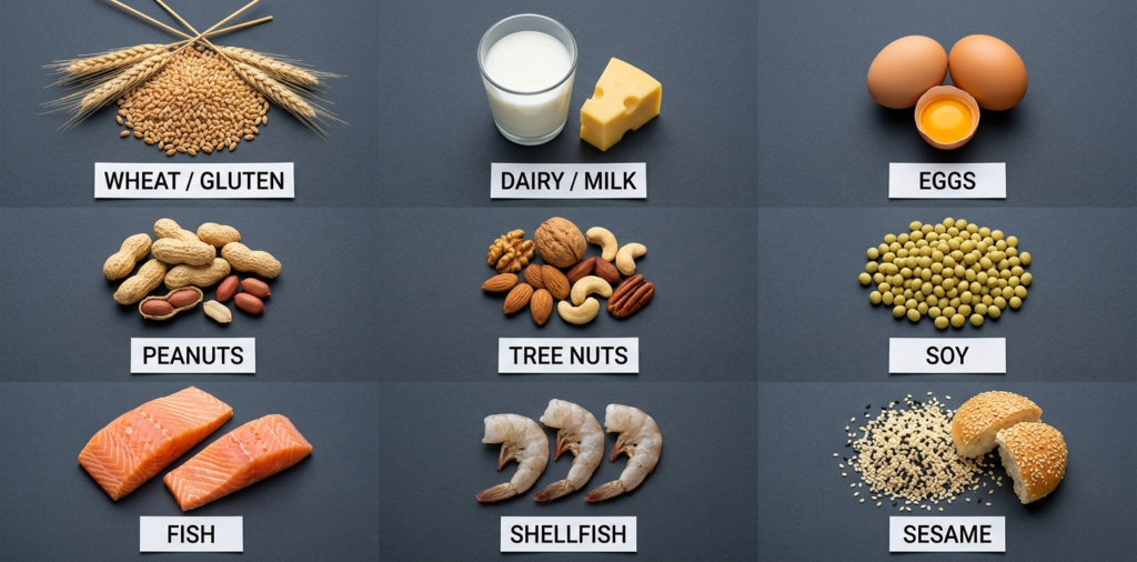 Visual guide to the 9 major FDA food allergens including wheat gluten milk eggs peanuts tree nuts soy fish shellfish and sesame