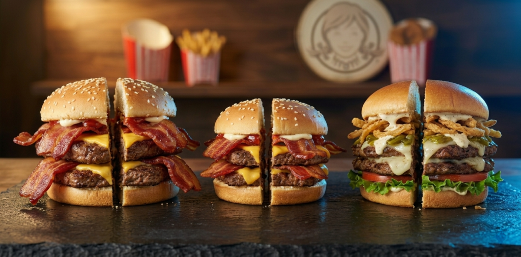 Wendy's Baconator burger with six strips of bacon and double beef patties next to Son of Baconator and Hatch Chile Double