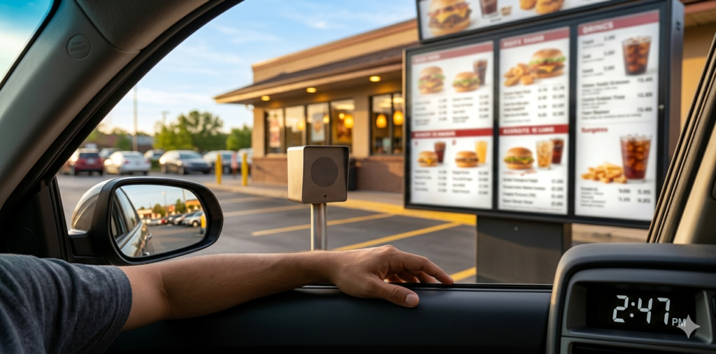 Customer at drive-thru during Happy Hour Wendys