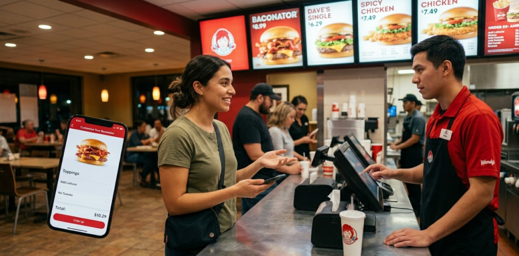 Person customizing a Wendy's burger order at the counter showing how to request fresh burgers and custom toppings