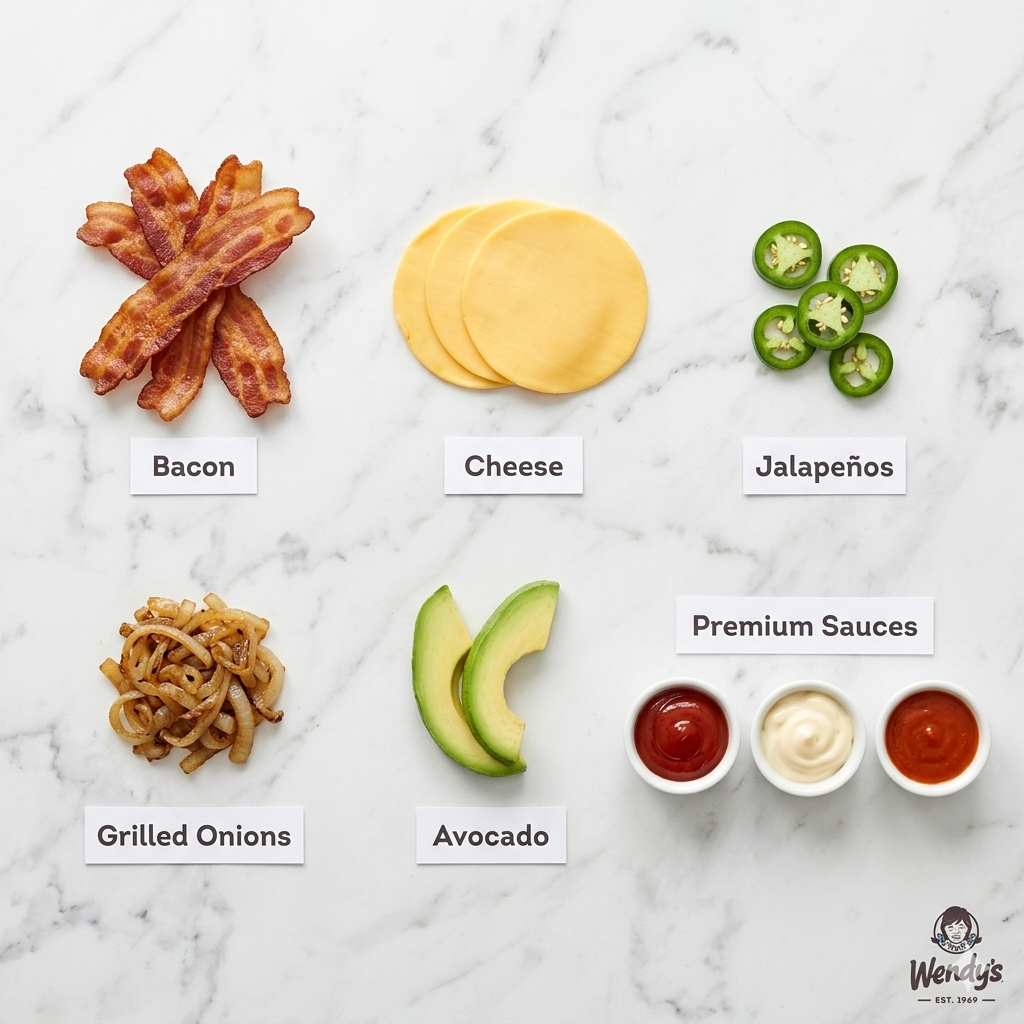 Wendy's burger customization options showing add-ons including bacon, cheese, jalapeños, grilled onions and premium sauces
