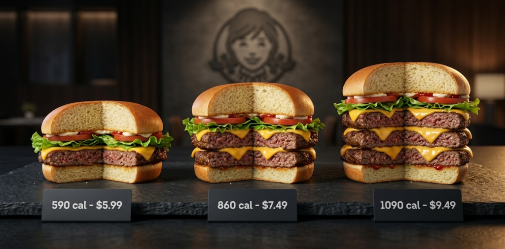 Wendy's Dave's Single, Dave's Double and Dave's Triple burgers showing size comparison with calories and prices