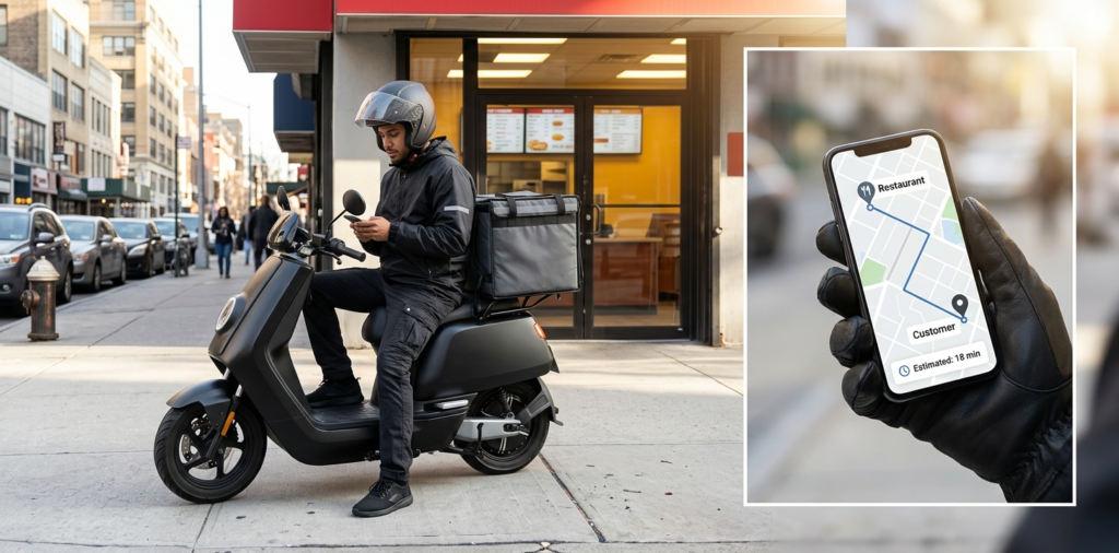 Food delivery rider outside Wendy's restaurant with phone showing delivery app