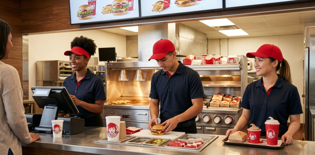 diverse team working together at counter - Wendys