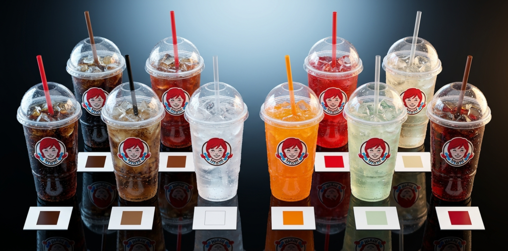 Eight soda cups in two rows on black surface - Wendys