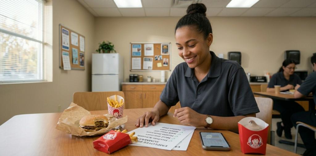 Employee reading benefits sheet on break - Wendys