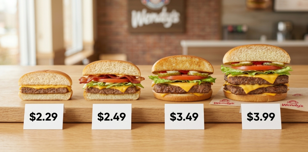Wendy's classic burger lineup showing Jr. Cheeseburger, Double Stack, and Single Cheeseburger side by side