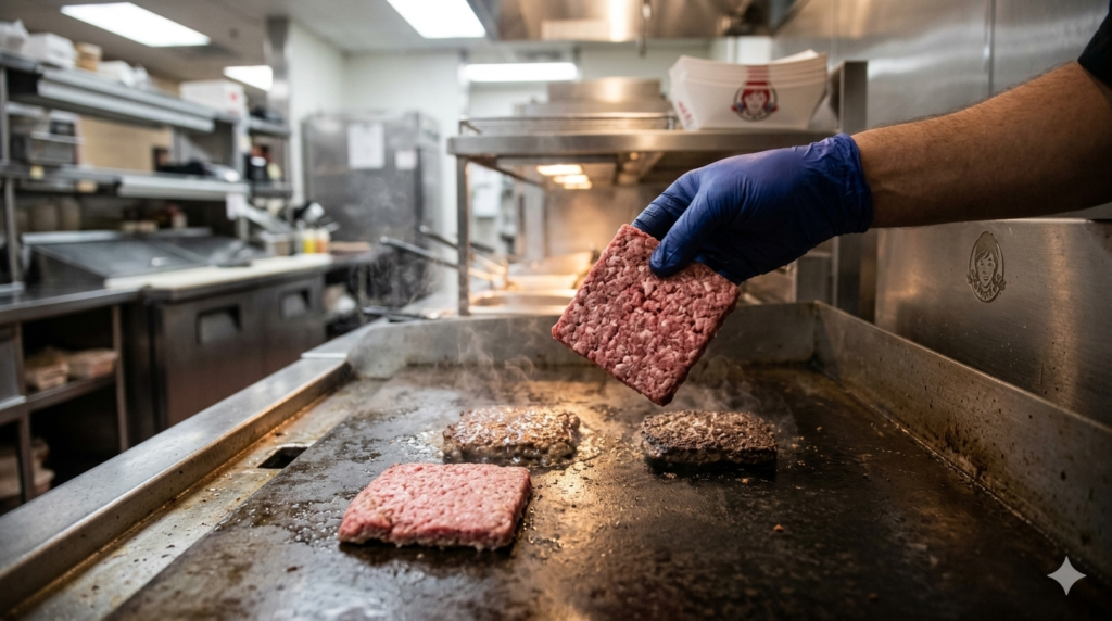 Fresh never-frozen Wendy's beef patty being placed on a hot grill showing the quality difference