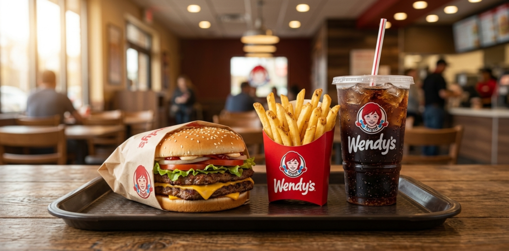 Wendy's burger combo meal showing Dave's Single burger with medium fries and cold drink on a tray