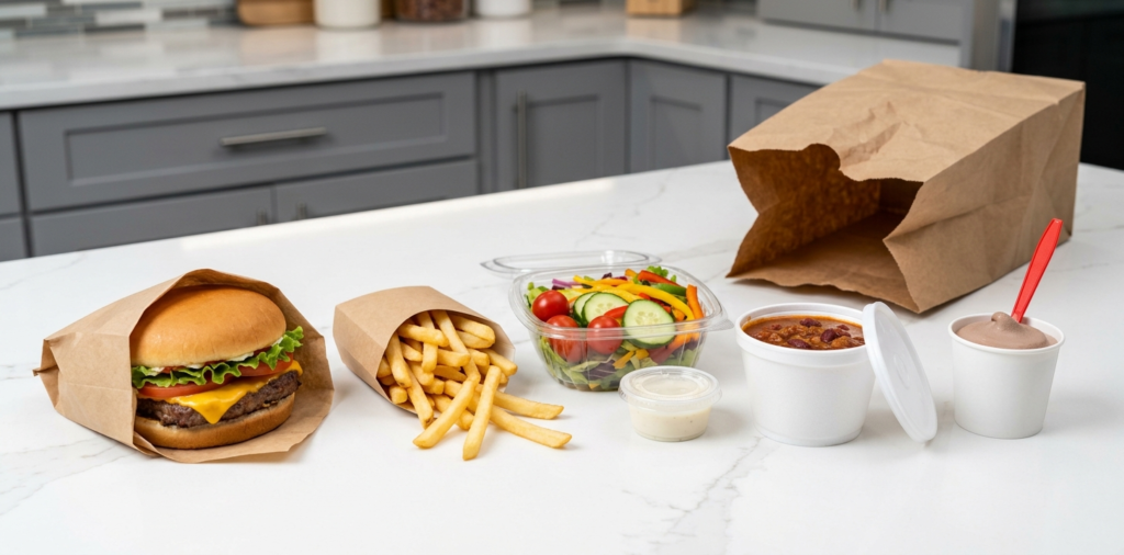 Full delivery order unpacked on kitchen counter