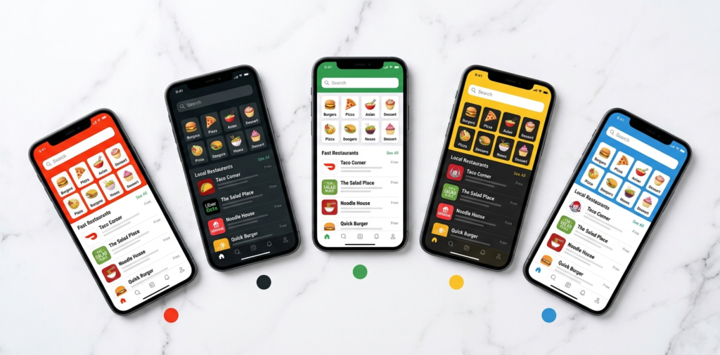 Five phones with delivery app screens