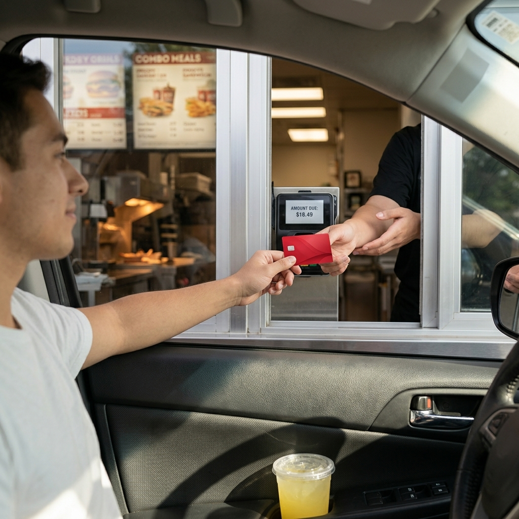 Hand paying with card at drive-thru Wendys