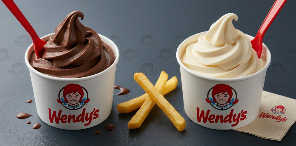 Two Wendy's Frosty cups with fries between them