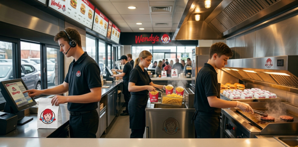 Wendys Kitchen and service crew during lunch rush