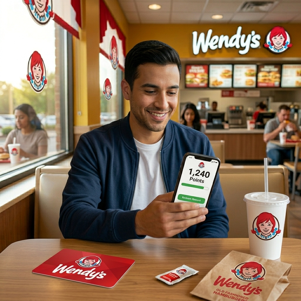Man using app with gift card on table Wendys