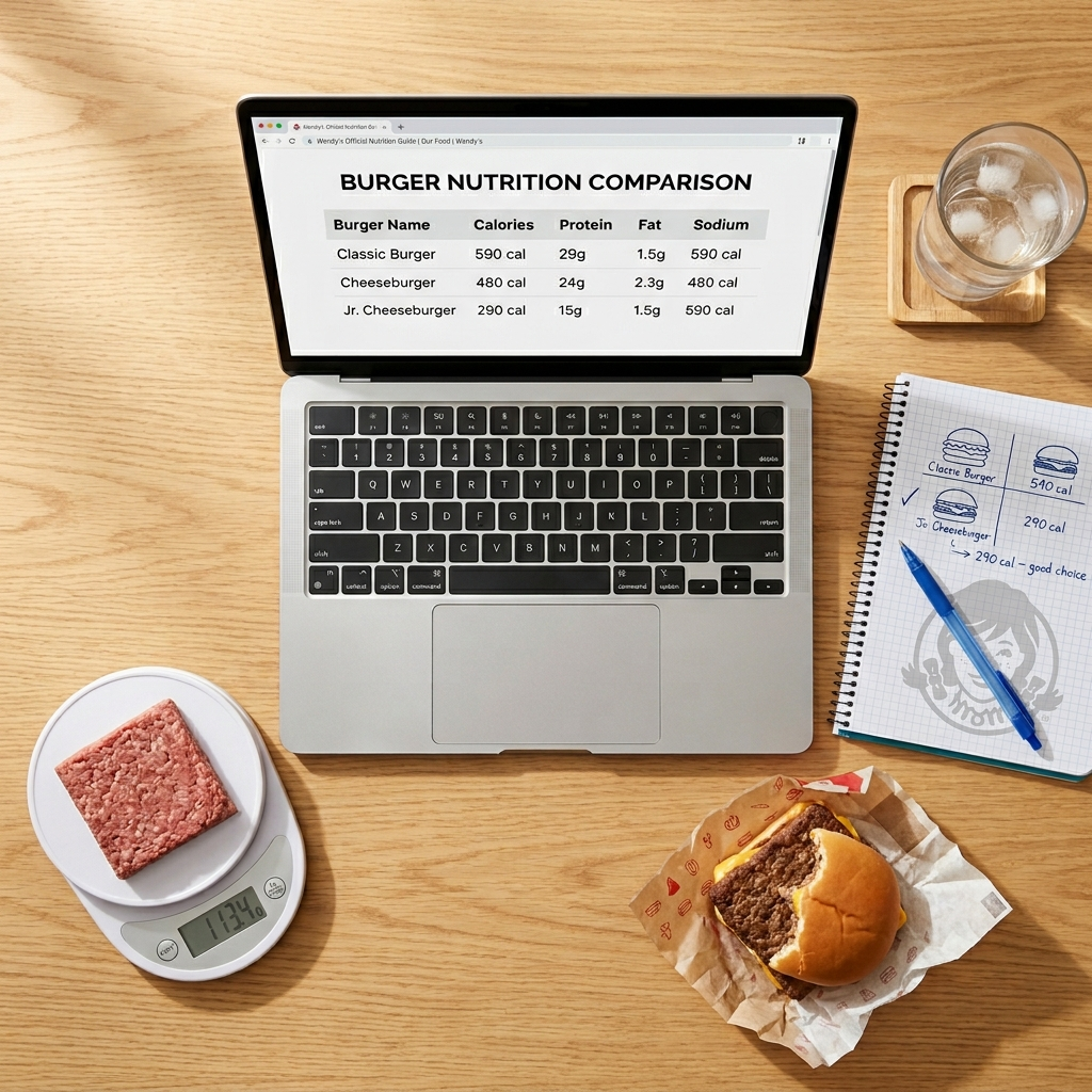 Wendy's burger nutrition information showing calories protein fat and sodium comparison across the full menu