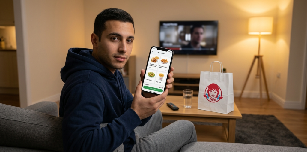 Person ordering on phone on sofa at home - Wendys