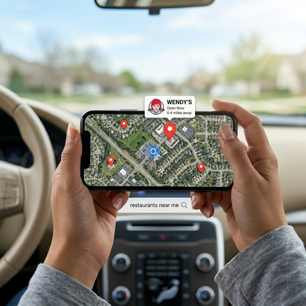Person using maps app on phone to find nearest Wendy's location