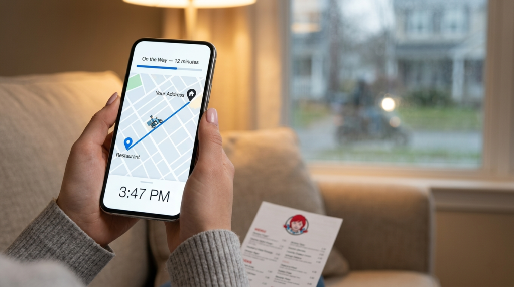 Wendys Real-time tracking map on phone on sofa