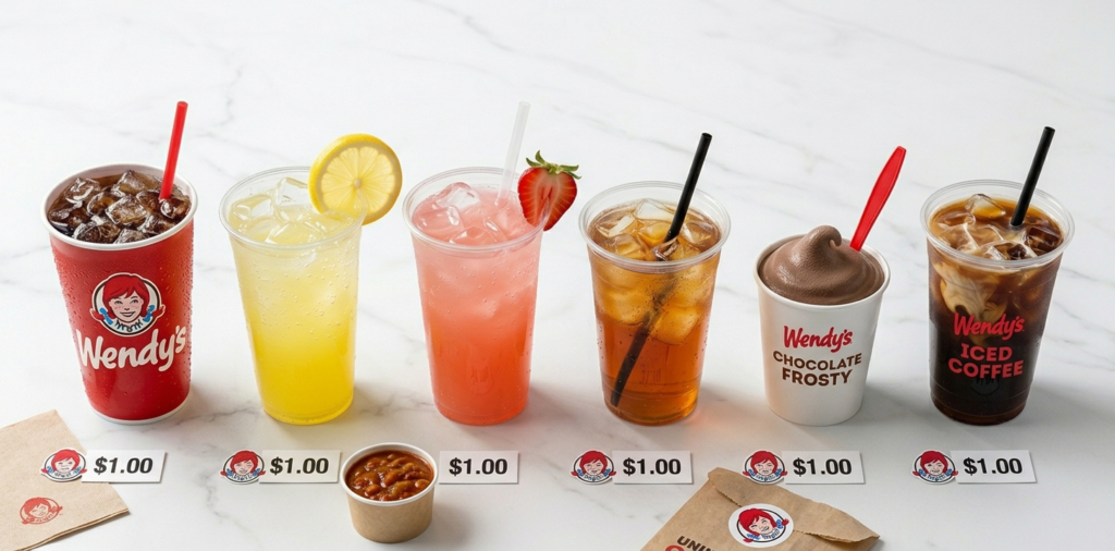 Six drink lineup with $1 price cards by Wendys