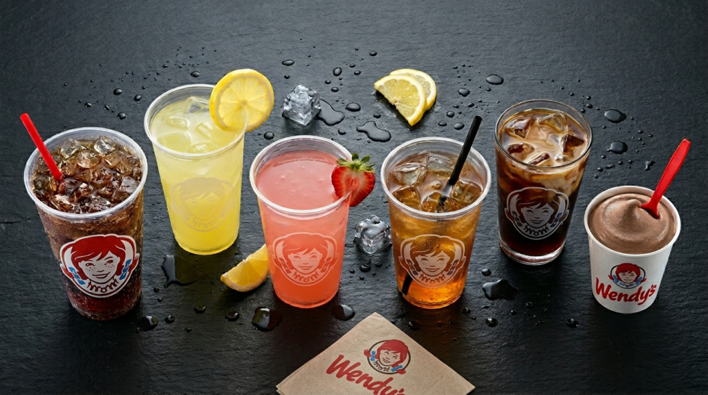 Six drinks lineup on dark wet slate - Wendys