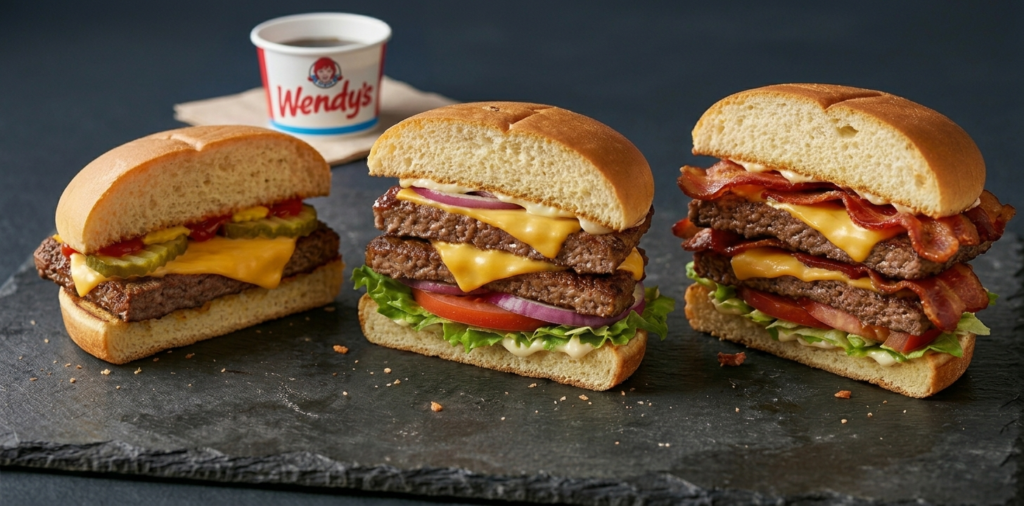 Wendy's burger menu showing fresh never-frozen beef burgers with prices and options