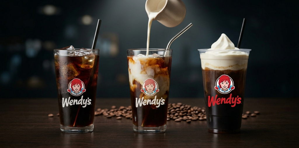 Three cold brew coffee drinks on dark wood - Wendys
