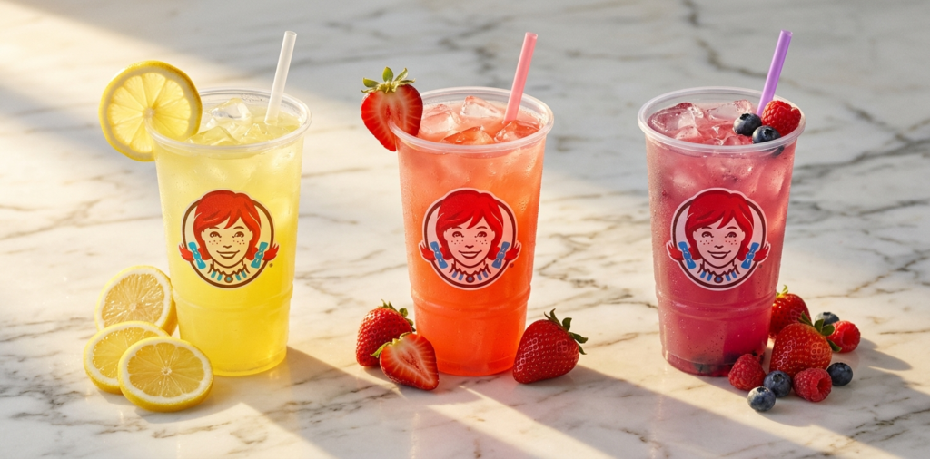 Three lemonades with fresh fruit garnishes - Wendys