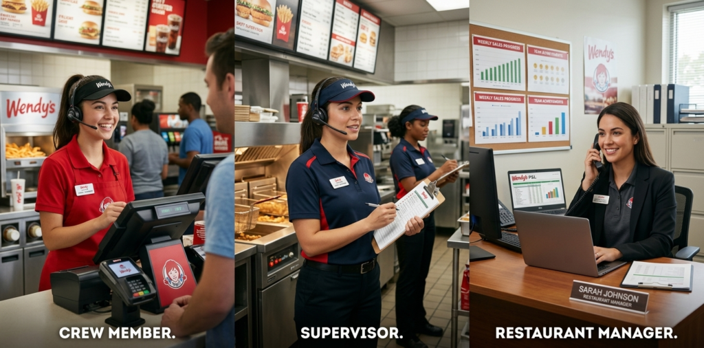 Three-panel career progression from crew to manager - Wendys