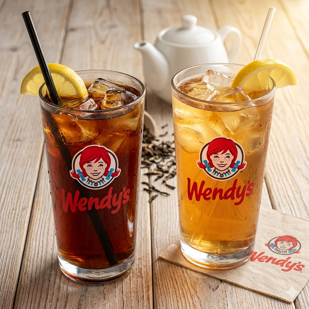 Two iced tea glasses on rustic wood - Wendys