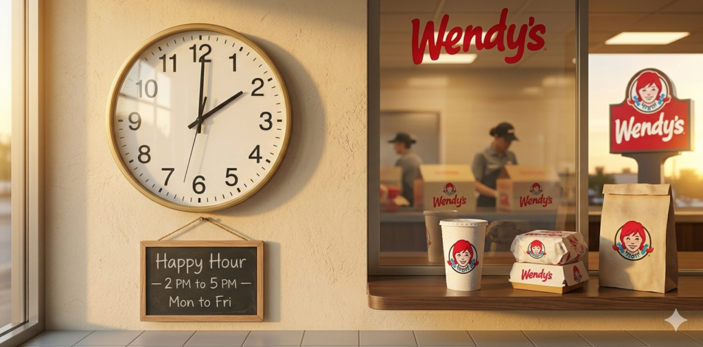 Wendys Wall clock showing 2:00 PM with Happy Hour sign