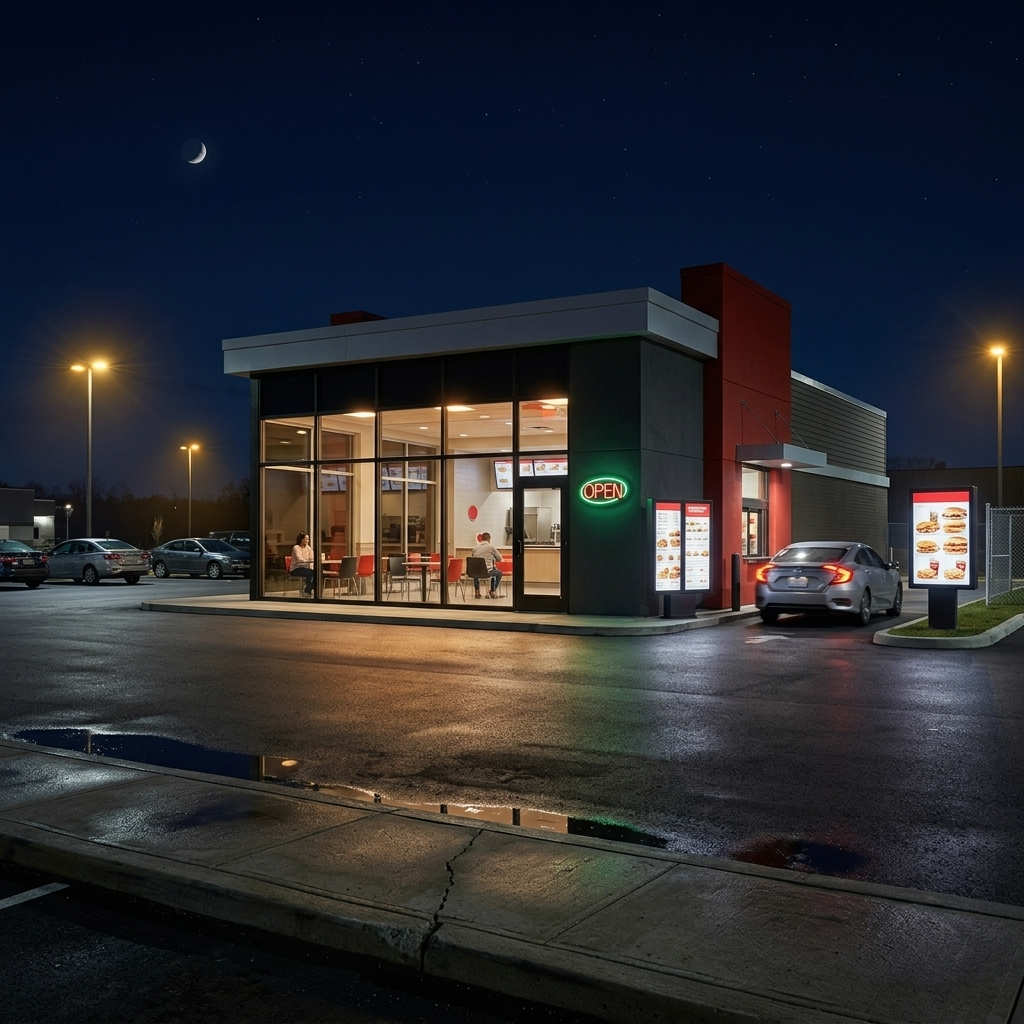 Wendy's restaurant open late at night exterior view