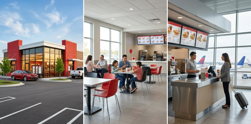 Wendy's store formats dine-in drive-thru and airport locations
