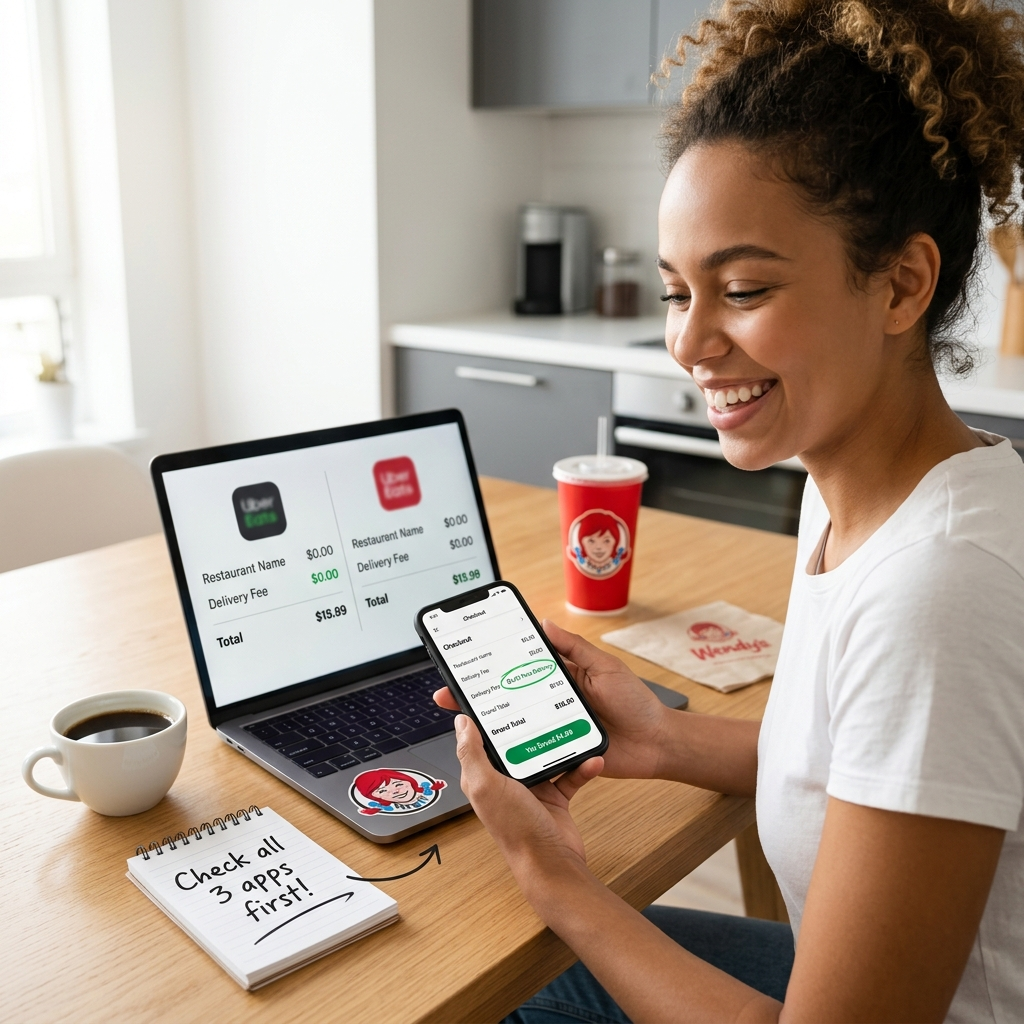 At Wendys Woman comparing apps saving money