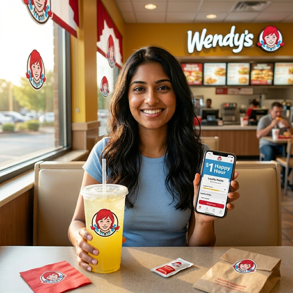 Woman enjoying $1 lemonade with rewards app Wendys