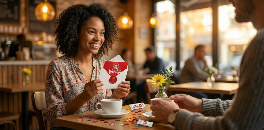 Woman receiving gift card at café Wendys