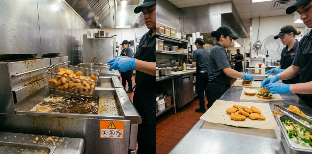 Fast food kitchen showing shared fryer and preparation surfaces that create cross-contact allergen risk for gluten dairy and other allergens