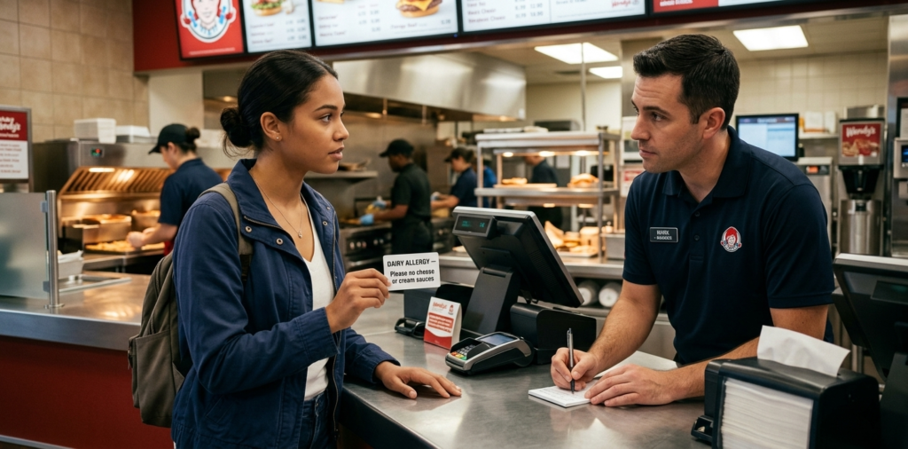 Customer clearly communicating food allergy to fast food restaurant cashier to avoid allergen cross-contact when ordering