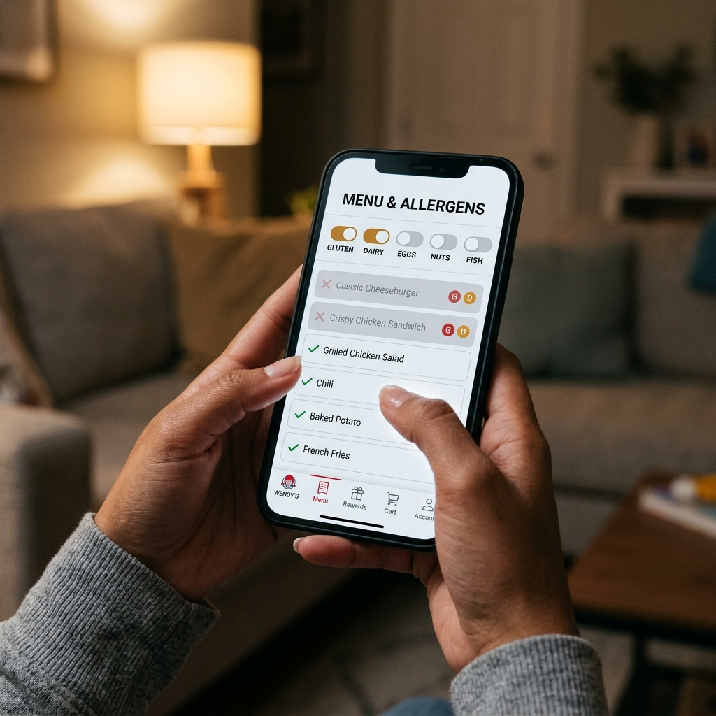 Person using Wendy's app allergen filter on smartphone to check menu items for gluten dairy and other allergens before ordering