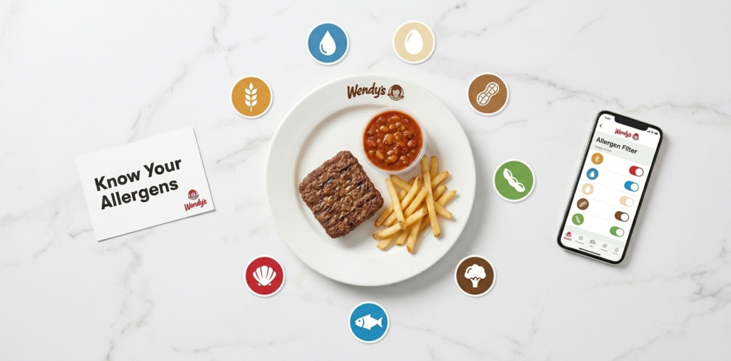 Wendy's allergens menu guide showing common food allergens including gluten dairy eggs and soy in fast food items