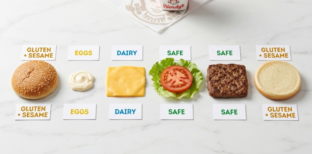 Wendy's burger allergen breakdown showing gluten in bun dairy in cheese eggs in mayo and soy in burger ingredients