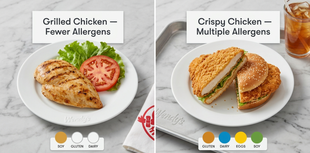 Wendy's grilled chicken versus crispy chicken allergen comparison showing fewer allergens in grilled option