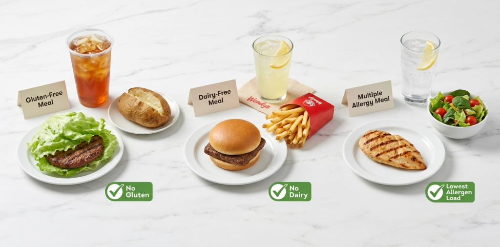 Wendy's safe meal combinations for different food allergies showing gluten-free dairy-free and egg-free complete meal options