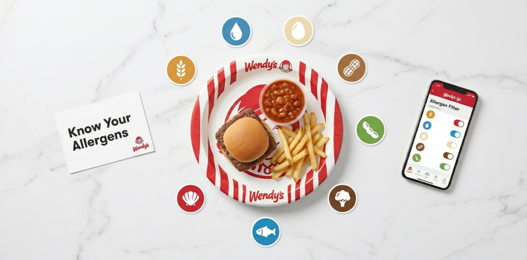 Wendy's plain baked potato and chili as the safest allergen-friendly menu options with green safe allergen indicators