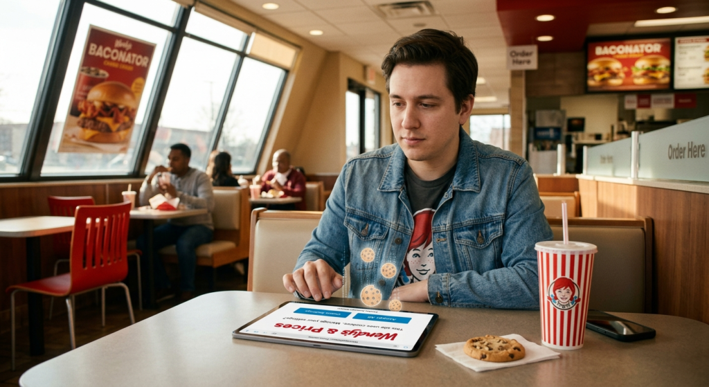 A young man in a denim jacket sits at a booth inside a Wendy's restaurant, looking at a tablet displaying a menu prices website. Holographic, digital chocolate chip cookies float above the screen, while a real cookie, a smartphone, and a branded Wendy's cup sit on the table.