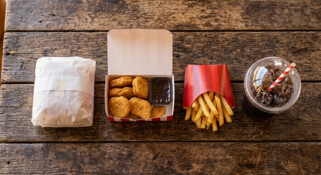 Value meal bundle with sandwich, nuggets, fries, and drink
