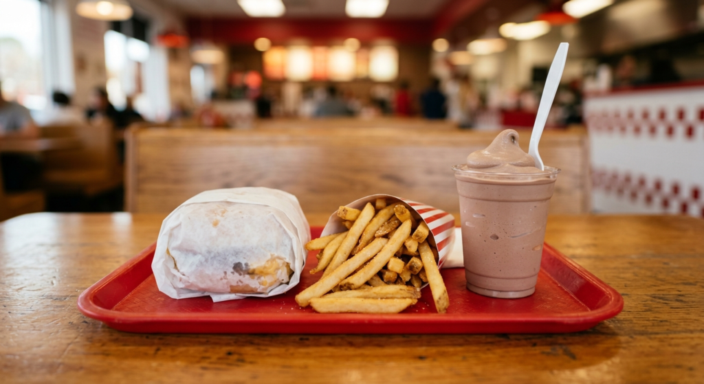 Fast food burger, fries, and frosty dessert combo meal tray