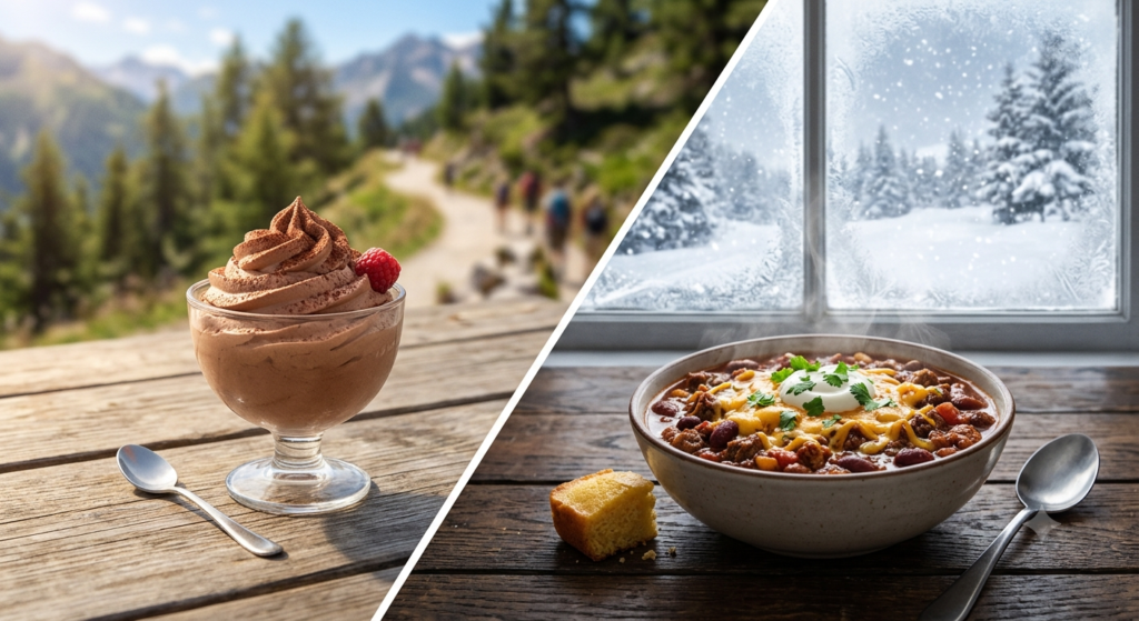 Split image of frozen dessert in summer and chili in winter