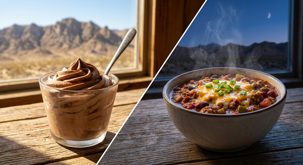 Split image of frozen dessert in desert heat and chili on a cool night